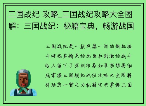 三国战纪 攻略_三国战纪攻略大全图解：三国战纪：秘籍宝典，畅游战国